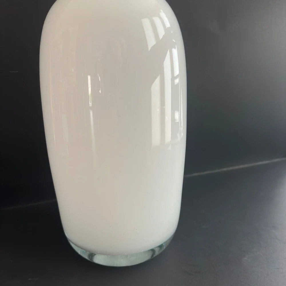 Mid Century Modern Hand Blown White Art Glass Vase Cranberry Red Rim 12